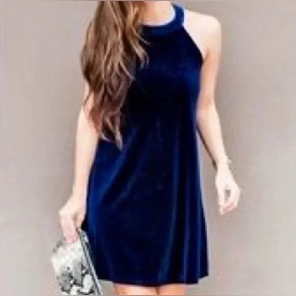 Betsey Johnson Blue Velvet Halter Swing Dress Size 10 - Picture 1 of 10